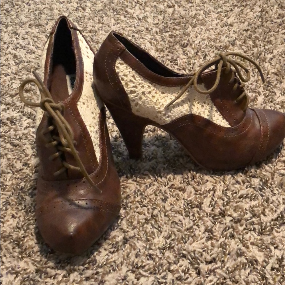 Brown and cream lace booties